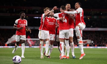 Arsenal celebrate after Ben White makes it 5-0 against a sorry Chelsea at the Emirates.