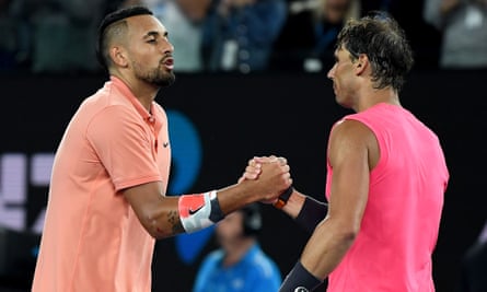 Nick Kyrgios acknowledges Rafael Nadal after his four-set loss to the Spaniard in the fourth round..