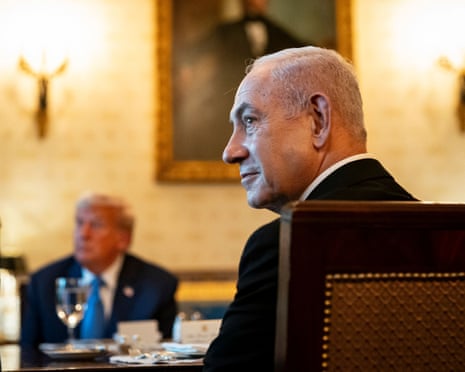 Donald Trump hosts the Israeli prime minister, Benjamin Netanyahu, in the Blue Room of the White House in Washington DC