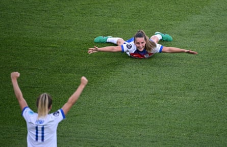 England’s Ella Toone celebrates scoring the fourth goal with Lauren Hemp.