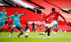 Manchester United’s Mason Greenwood pings a shot home to get the hosts back on level terms.