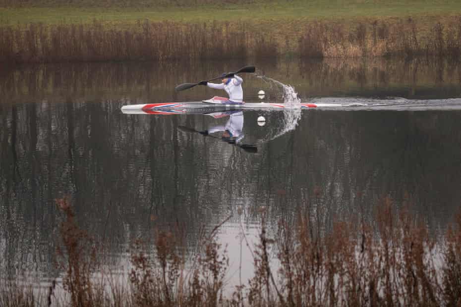British sprint canoeist Liam Heath MBE during a morning training session at Dorney Lake, Buckinghamshire in February 2021.