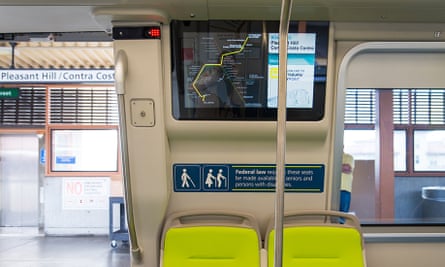 Highly visible priority seating on a Bay Area Rapid Transport train, San Francisco.