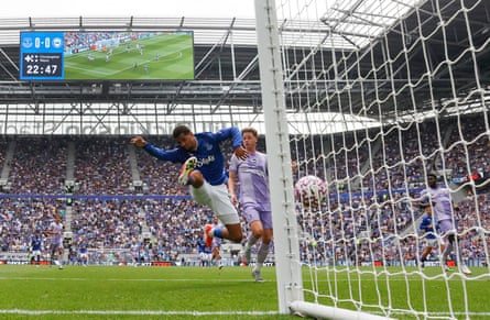 Iliman Ndiaye scores the first league goal in Everton’s new stadium, having also scored the last league goal in their old one, at Goodison Park.