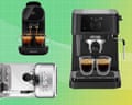 Composite image of three different coffee machines against a green-tinged, gridded background.