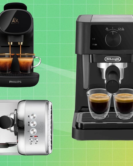 Composite image of three different coffee machines against a green-tinged, gridded background.