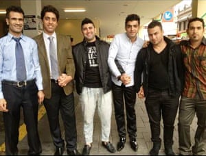 Fazal Chegeni (left) with fellow refugees in Melbourne. From left to right, Fazel Chegeni, Bobby, Reza, an unnamed friend, Mortezar and Dadashi.