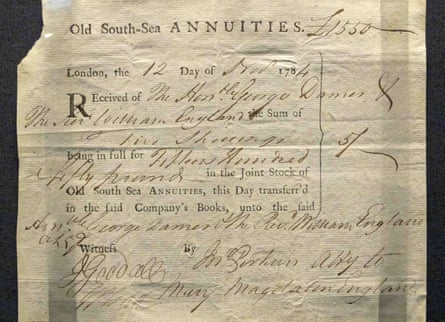 A share certificate for the South Sea Company, in which Gonville and Caius College was found to have had financial interests.