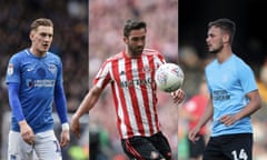 Ronan Curtis of Portsmouth, Sunderland’s Will Grigg and Brandon Goodship of Southend. Composite photographs by Getty Images and Shutterstock