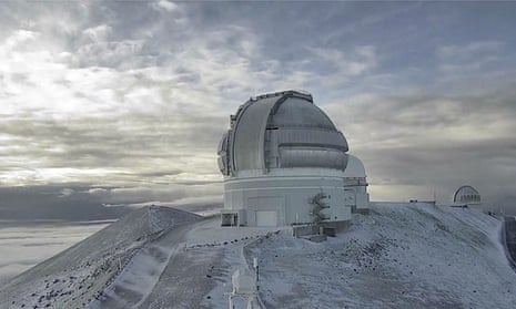 A still image from a timelapse video shows snow at the Mauna Kea summit in Hawaii this week. There was a blizzard warning on Hawaii’s Big Island summits with up to 12in of snow expected.