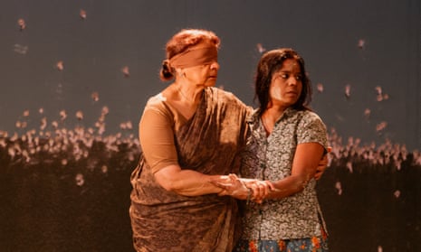 Blindfolded matriarch Gowrie (Anandavalli) and her firebrand daughter Abi (Kalieaswari Srinivasan) in The Jungle and the Sea at Belvoir St theatre in Sydney.