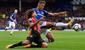 Everton’s Dominic Calvert-Lewin and Bournemouth’s Nathan Ake challenge for possession