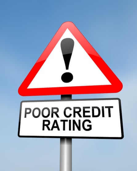 a typical red triangle road signpost with a large exclamation mark and a sign below saying ‘poor credit rating’