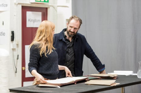 Sarah Snook (Hilde Wangel) and Ralph Fiennes (Halvard Solness), in rehearsal for <em>The Master Builder</em> at the Old Vic.