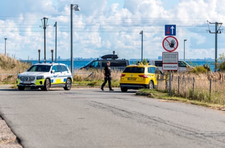 Police after the temporary closure of airspace in Copenhagen.