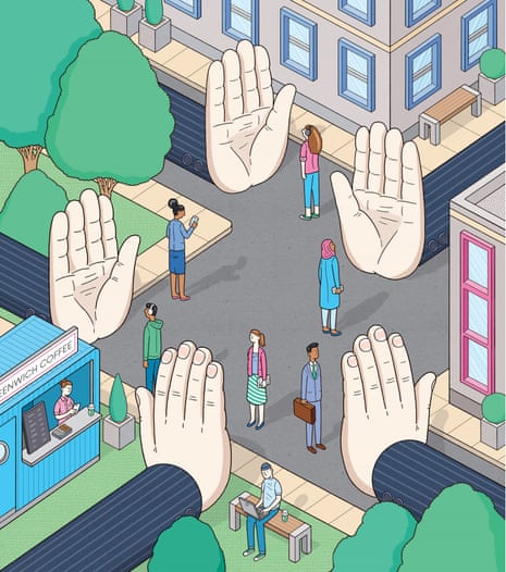 Illo of huge hands stopping people walking and connnecting
