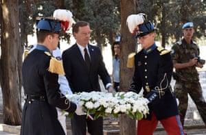 French Ambassador to Lebanon lays a wreath on the tomb to fallen French soldiers at the French cemetery in Beirut, Lebanon