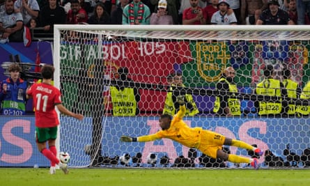 João Félix sees his penalty is about to hit a post during Portugal’s shootout defeat by France in their Euro 2024 quarter-final