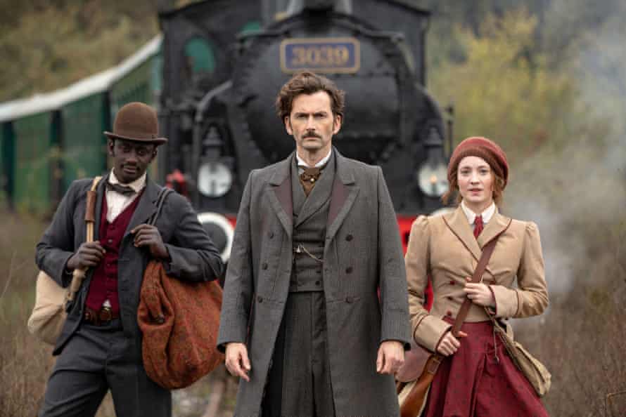 Ibrahim Koma, David Tennant and Leonie Benesch in Around the World in 80 Days.