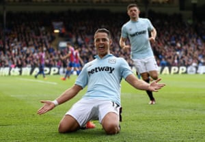 Hammers Javier Hernandez celebrates scoring their first in the 2-2 draw with Crystal Palace at Selhurst Park.