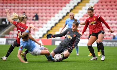 Mary Earps saves from Manchester City’s Ellen White during November’s Women’s Super League match.
