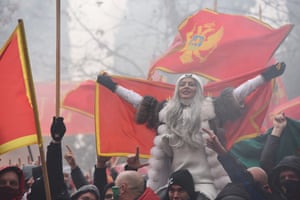 Podgorica, MontenegroPeople shout slogans during a protest against the new government. Several thousand rallied in front of the Parliament in Podgorica, accusing the new government of being pro-Serb because of its plans to amend the disputed religious property law
