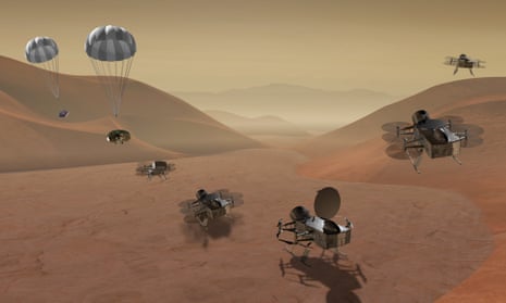 Artist’s impression of the Dragonfly mission, which would be the first drone to explore another world – in this case, Saturn’s moon Titan.