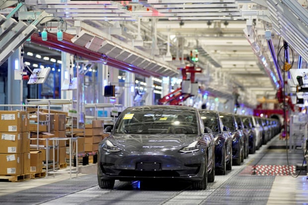 Teslas at the company’s Shanghai factory