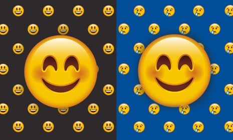two happy emoticon faces, one surrounded by other happy faces, the other by sad faces