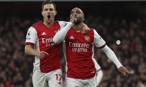 Alexandre Lacazette celebrates after scoring from the penalty spot and ending his long goal drought for Arsenal.