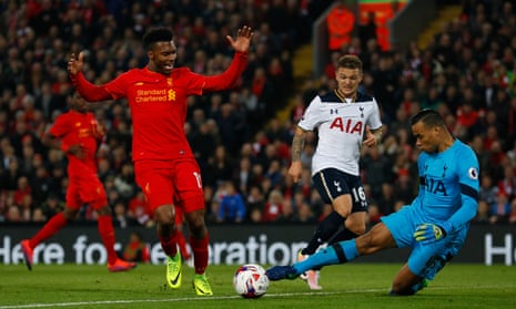 Liverpool’s Daniel Sturridge in action with Tottenham’s sprightly Michel Vorm thwarts Liverpool’s Daniel Sturridge.