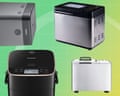 Four different bread makers in grey, silver, and black finishes displayed against a green background