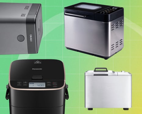 Four different bread makers in grey, silver, and black finishes displayed against a green background