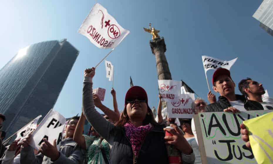 Protesters in Mexico City demonstrate against the rise of fuels prices on 7 January. 