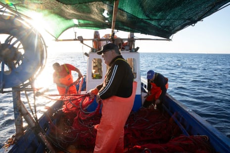 Three men in a boat fish using nets