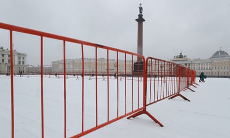 Security barriers are erected in St Petersburg before a rally in support of Alexei Navalny