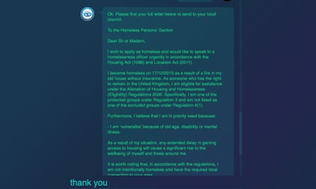 After asking a series of questions, the bot finds the best way to help someone - in this case, by drafting a letter to the council.