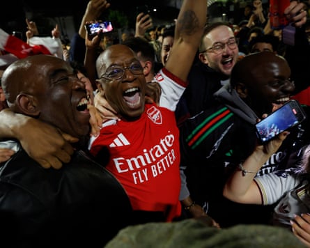 Arsenal legend Ian Wright and AFTV’s Robbie Lyle outside the Emirates on 19 May.