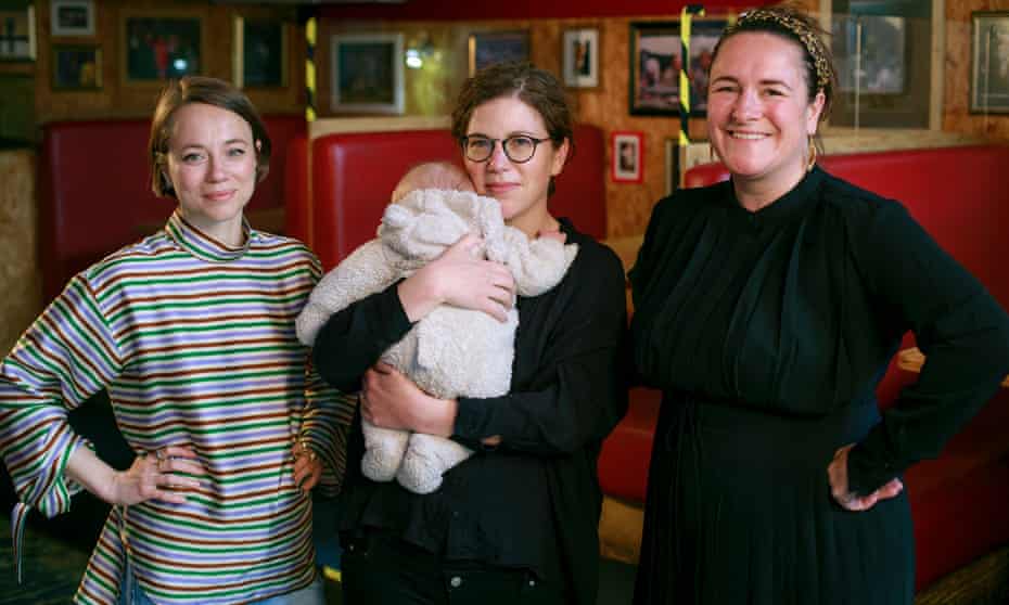 ‘Nobody warned me it was normal to feel as overwhelmed as I did’ ... Morgan Lloyd Malcolm pictured with Francesca Moody (far left) and Abigail Graham (centre with her baby).