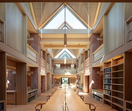 A lattice of bookshelves … inside the Stirling prize-winning library.