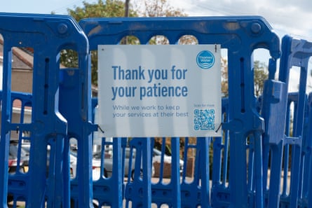 A Thames Water sign says: ‘Thank you for your patience while we work to keep your services at their best’