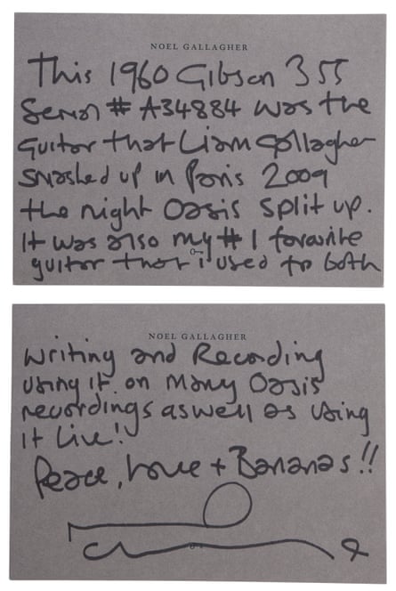 Note accompanying Noel Gallagher’s Gibson ES-355 guitar at auction