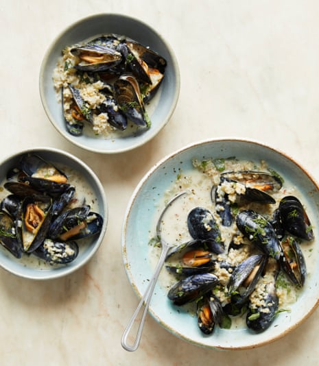 Ravinder Bhogal’s mussels with kefir, bulgur wheat and soft herbs. 