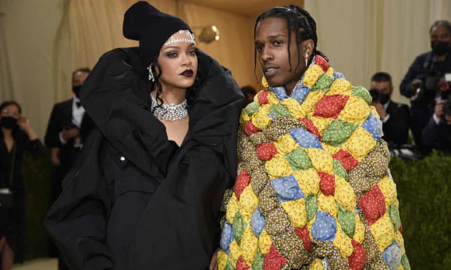 Rihanna, left, and A$AP Rocky, wearing the quilt, at the Met Gala on 13 September in New York. 
