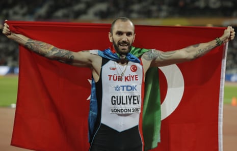 Ramil Guliyev celebrates his gold.