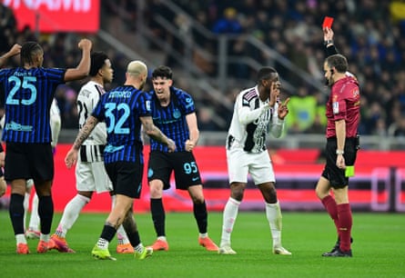 Pierre Kalulu is shown a red card by referee Federico La Penna