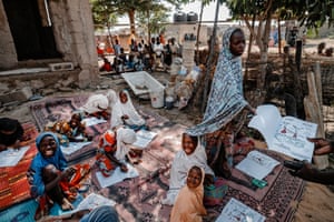 Young girls participate in a risk education lesson in Maiduguri.