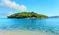 Beautiful Ionian Sea with clear turquoise water and morning summer coast view from beach, Ksamil, Albania.<br>W13T7N Beautiful Ionian Sea with clear turquoise water and morning summer coast view from beach, Ksamil, Albania.