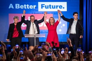 Prime minister-elect Anthony Albanese celebrates his victory on 21 May 2022 with Penny Wong, partner Jodie Haydon and son Nathan Albanese at Canterbury Hurlstone Park RSL club