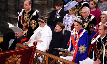 (left to right 1st row) the Prince of Wales, Princess Charlotte, Prince Louis, the Princess of Wales and the Duke of Edinburgh at the coronation ceremony.